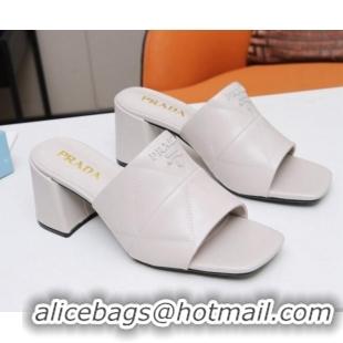 Hot Style Prada Calf Leather Medium Heel Slide Sandals 7cm 022167 White