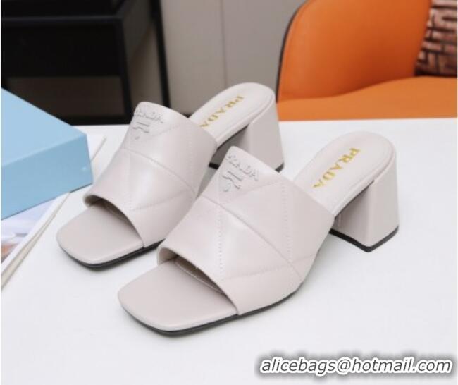 Hot Style Prada Calf Leather Medium Heel Slide Sandals 7cm 022167 White