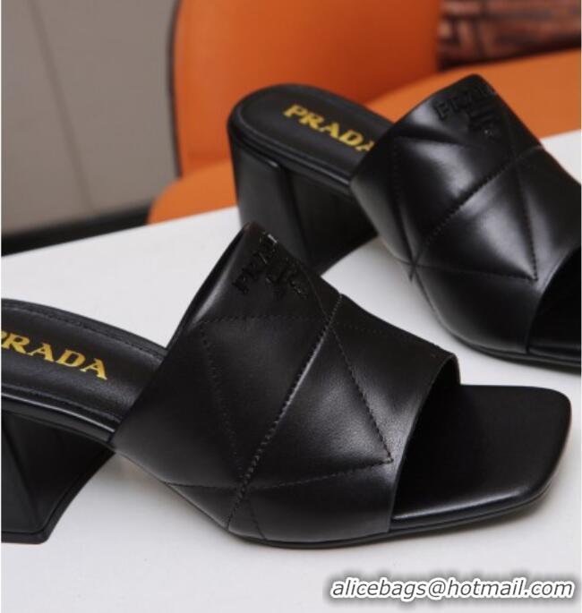 Sumptuous Prada Calf Leather Medium Heel Slide Sandals 7cm 022167 Black