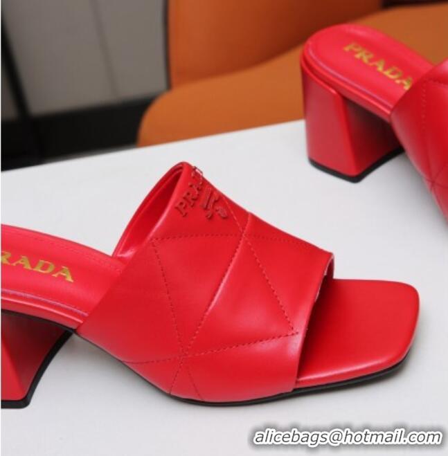 Duplicate Prada Calf Leather Medium Heel Slide Sandals 7cm 022167 Red