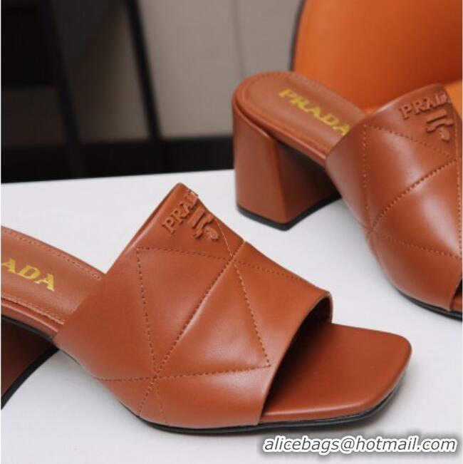 Top Quality Prada Calf Leather Medium Heel Slide Sandals 7cm 022167 Brown