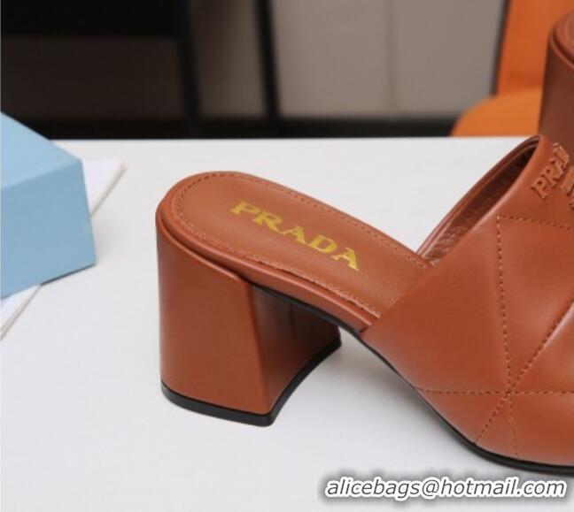 Top Quality Prada Calf Leather Medium Heel Slide Sandals 7cm 022167 Brown