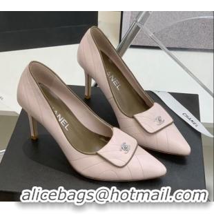 Fashion Chanel Vintage Buckle Calfskin High Heel Pump 8cm 021514 Pink