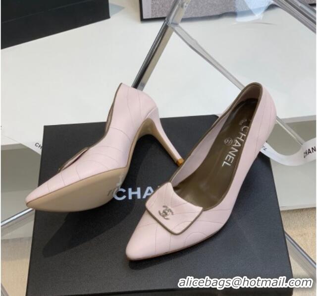 Fashion Chanel Vintage Buckle Calfskin High Heel Pump 8cm 021514 Pink