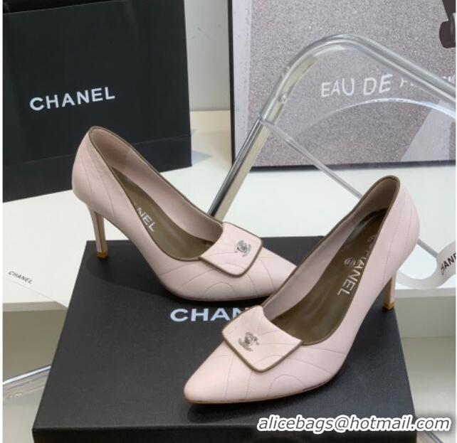 Fashion Chanel Vintage Buckle Calfskin High Heel Pump 8cm 021514 Pink