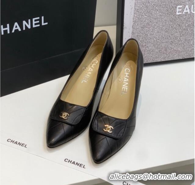 Top Quality Chanel Vintage Buckle Calfskin High Heel Pumps 8cm 021516 Black