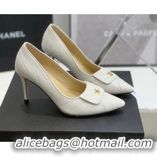 Best Luxury Chanel Vintage Buckle Calfskin High Heel Pumps 8cm 021518 White