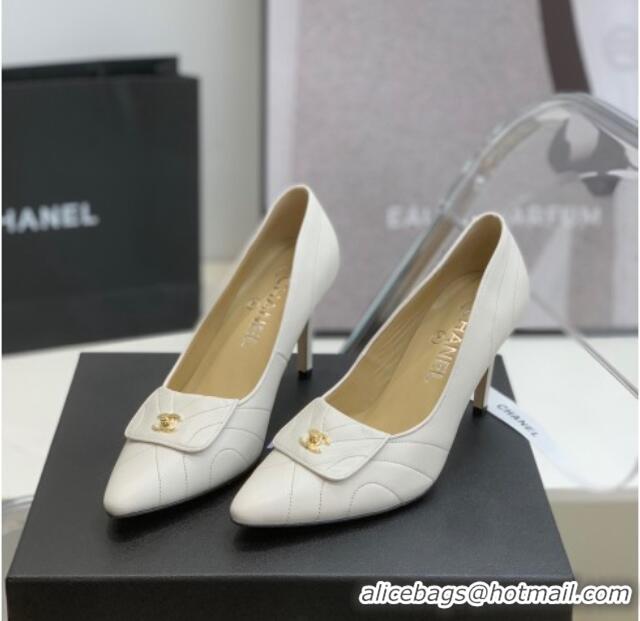 Best Luxury Chanel Vintage Buckle Calfskin High Heel Pumps 8cm 021518 White