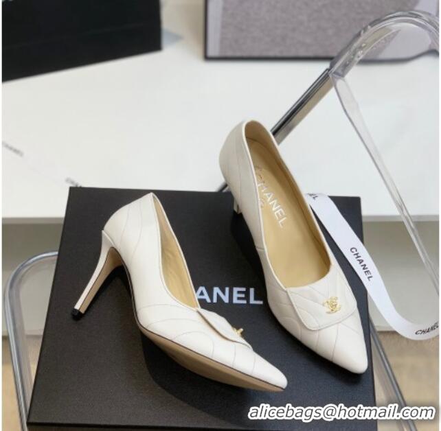 Best Luxury Chanel Vintage Buckle Calfskin High Heel Pumps 8cm 021518 White