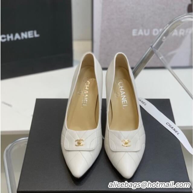 Best Luxury Chanel Vintage Buckle Calfskin High Heel Pumps 8cm 021518 White