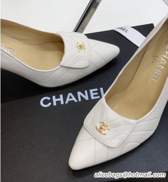 Best Luxury Chanel Vintage Buckle Calfskin High Heel Pumps 8cm 021518 White