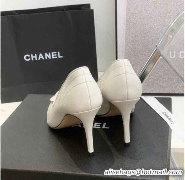 Best Luxury Chanel Vintage Buckle Calfskin High Heel Pumps 8cm 021518 White