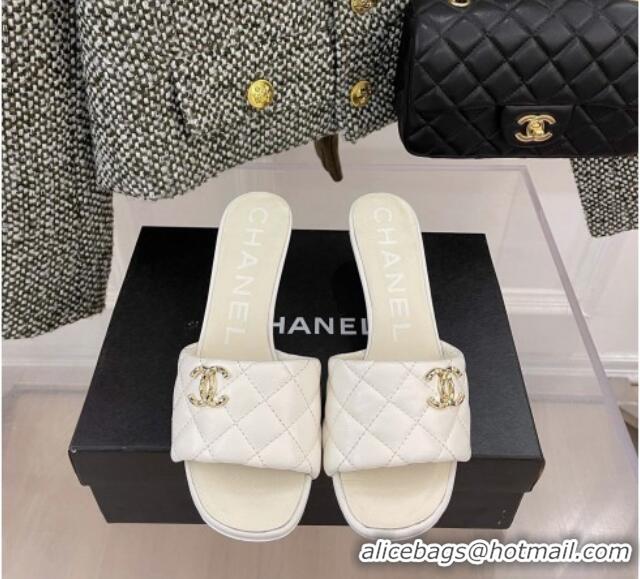 Trendy Design Popular Chanel Quilted Lambskin Heel Slide Sandals 6cm G38820 White