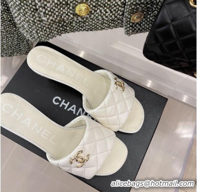 Trendy Design Popular Chanel Quilted Lambskin Heel Slide Sandals 6cm G38820 White