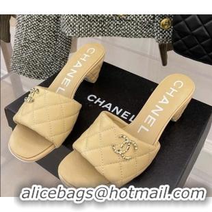 Good Quality Popular Chanel Quilted Lambskin Heel Slide Sandals 6cm G38820 Beige