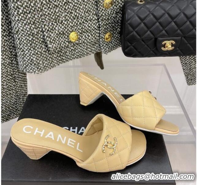 Good Quality Popular Chanel Quilted Lambskin Heel Slide Sandals 6cm G38820 Beige