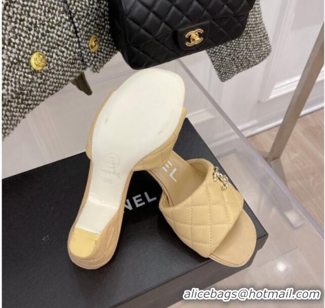 Good Quality Popular Chanel Quilted Lambskin Heel Slide Sandals 6cm G38820 Beige