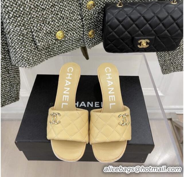 Good Quality Popular Chanel Quilted Lambskin Heel Slide Sandals 6cm G38820 Beige