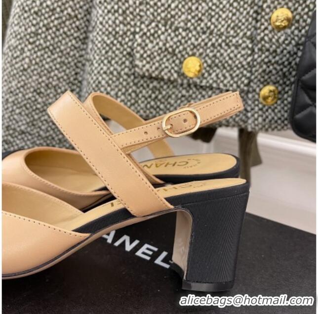 Low Price Chanel Lambskin Heel Slingback Pumps 6.5cm G35669 Beige