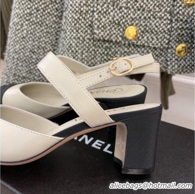 Best Price Chanel Lambskin Heel Slingback Pumps 6.5cm G35669 White 2022