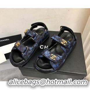 Low Price Chanel Quilted Fabric Strap Flat Sandals 021528 Blue