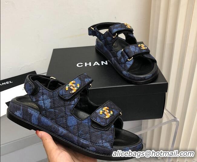 Low Price Chanel Quilted Fabric Strap Flat Sandals 021528 Blue