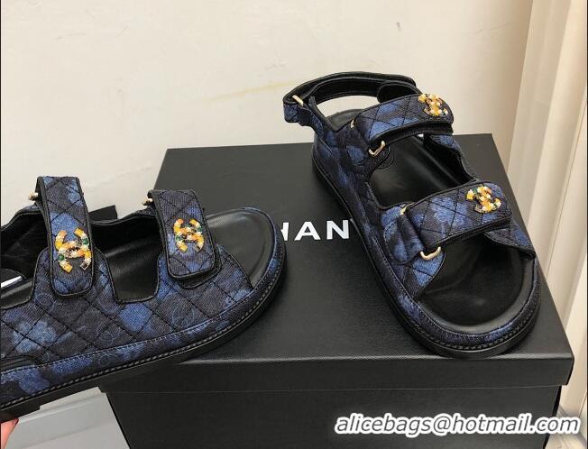 Low Price Chanel Quilted Fabric Strap Flat Sandals 021528 Blue