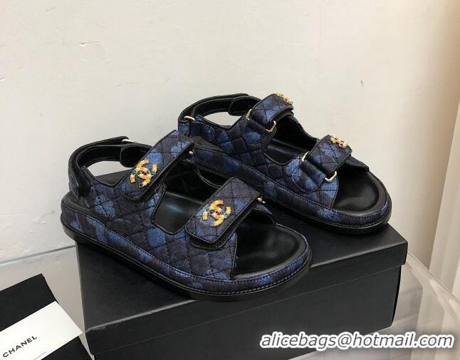 Low Price Chanel Quilted Fabric Strap Flat Sandals 021528 Blue