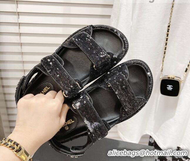 Crafted Chanel Sequins Strap Flat Sandals G35927 Black