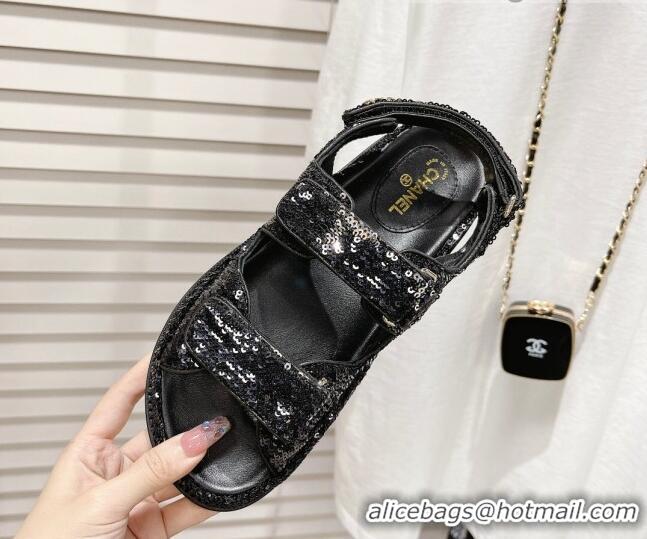 Crafted Chanel Sequins Strap Flat Sandals G35927 Black