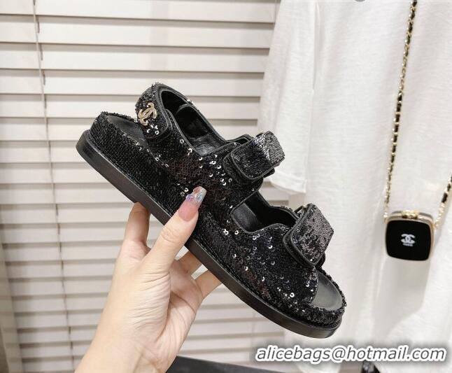 Crafted Chanel Sequins Strap Flat Sandals G35927 Black