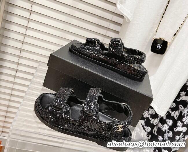 Crafted Chanel Sequins Strap Flat Sandals G35927 Black