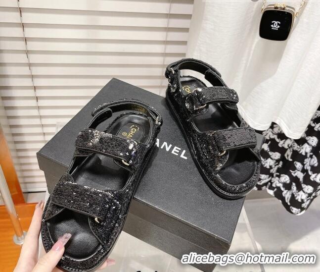 Crafted Chanel Sequins Strap Flat Sandals G35927 Black