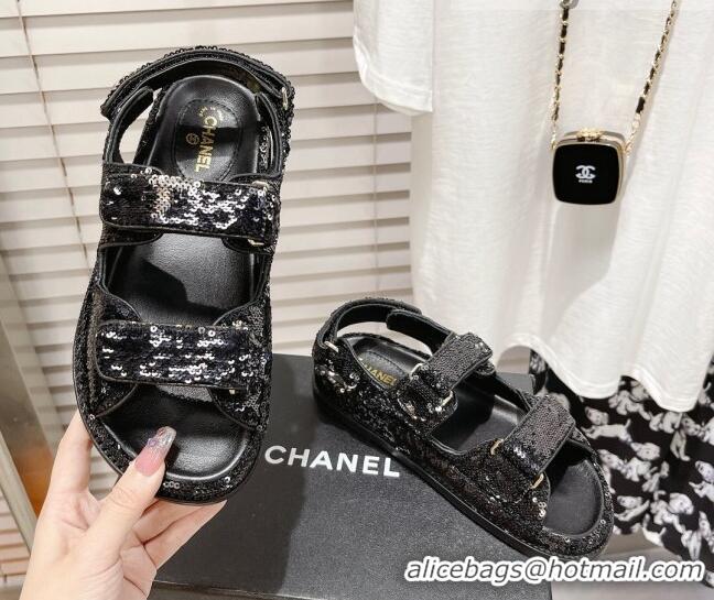 Crafted Chanel Sequins Strap Flat Sandals G35927 Black