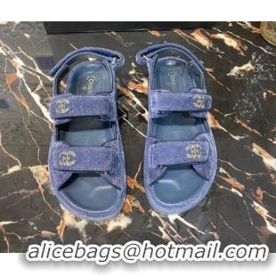 Good Looking Chanel Velvet Strap Flat Sandals 021532 Blue 