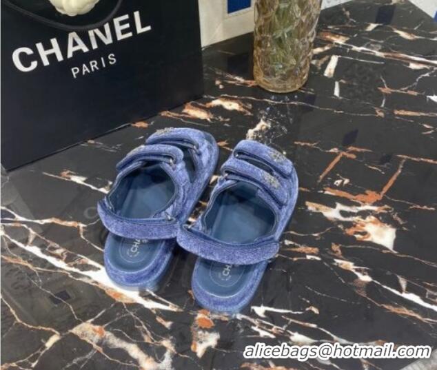 Good Looking Chanel Velvet Strap Flat Sandals 021532 Blue 