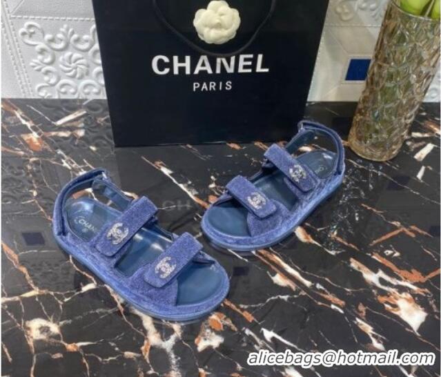 Good Looking Chanel Velvet Strap Flat Sandals 021532 Blue 