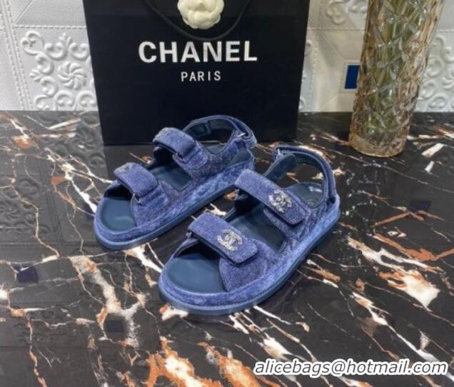 Good Looking Chanel Velvet Strap Flat Sandals 021532 Blue 