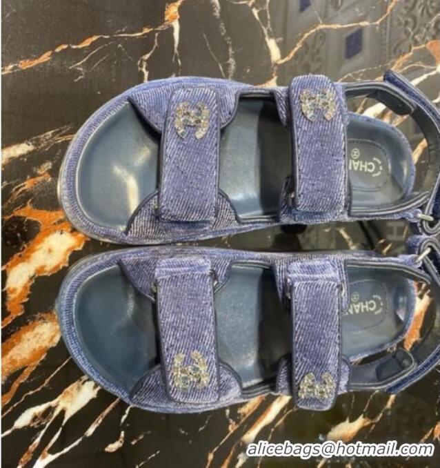 Good Looking Chanel Velvet Strap Flat Sandals 021532 Blue 