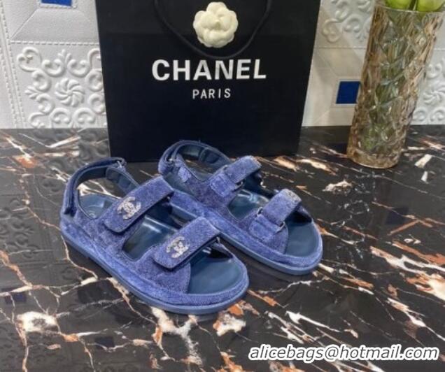 Good Looking Chanel Velvet Strap Flat Sandals 021532 Blue 