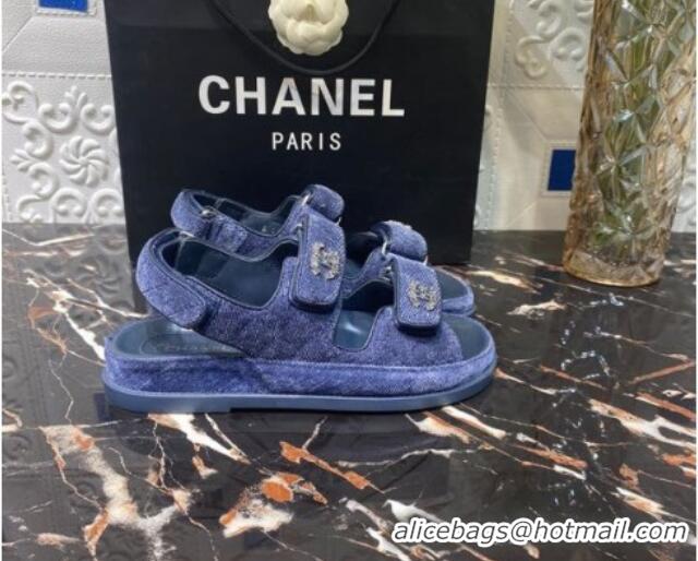 Good Looking Chanel Velvet Strap Flat Sandals 021532 Blue 