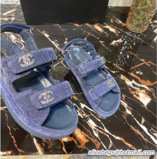 Good Looking Chanel Velvet Strap Flat Sandals 021532 Blue 