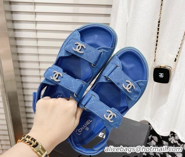 Best Product Chanel Quilted Fabric Strap Flat Sandals 021538 Blue