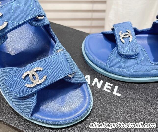 Best Product Chanel Quilted Fabric Strap Flat Sandals 021538 Blue