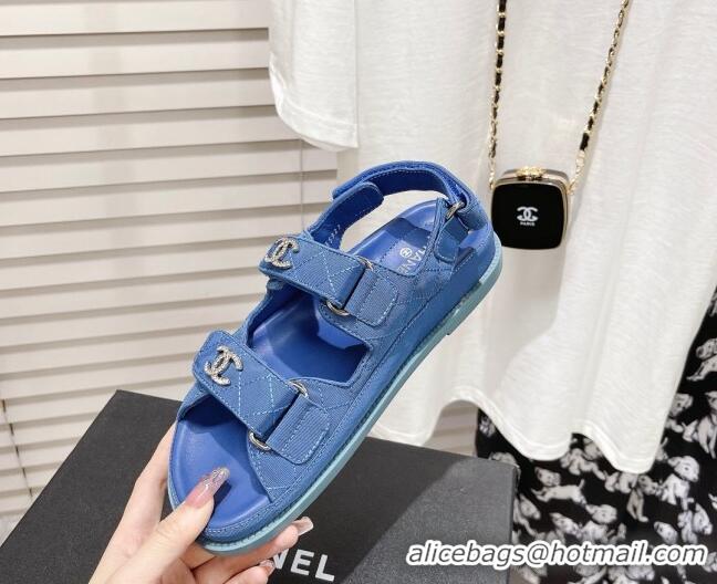 Best Product Chanel Quilted Fabric Strap Flat Sandals 021538 Blue