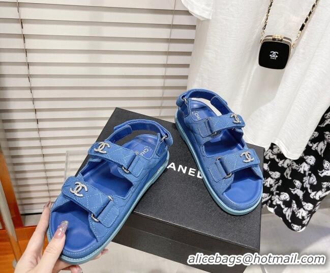 Best Product Chanel Quilted Fabric Strap Flat Sandals 021538 Blue