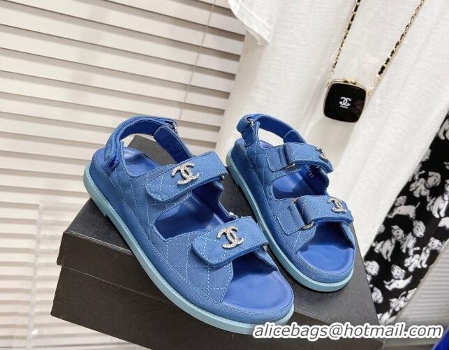 Best Product Chanel Quilted Fabric Strap Flat Sandals 021538 Blue