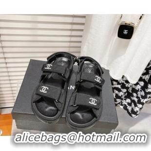 Expensive Chanel Quilted Fabric Strap Flat Sandals 021538 Black