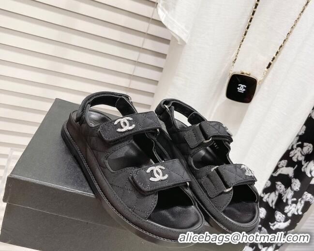 Expensive Chanel Quilted Fabric Strap Flat Sandals 021538 Black