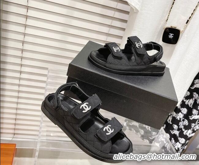 Expensive Chanel Quilted Fabric Strap Flat Sandals 021538 Black